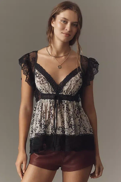 By Anthropologie Lace & Faux-leather Top In Gray