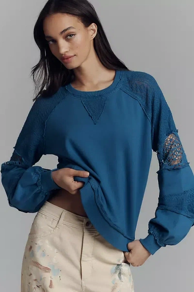By Anthropologie Lace Balloon-sleeve Top In Blue