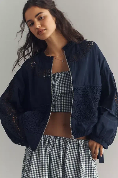 By Anthropologie Lace Bomber Jacket In Blue