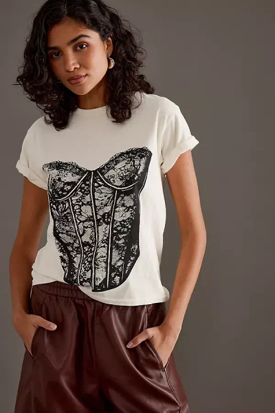 By Anthropologie Lace Corset Print Baby T-shirt In White