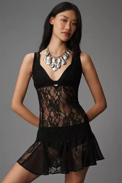 By Anthropologie Lace Godet Mini Dress In Black