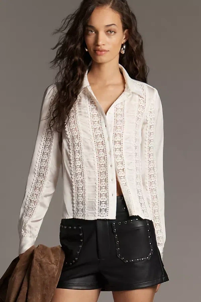 By Anthropologie Lace Mix Buttondown Blouse In White