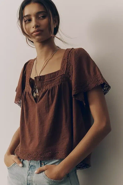By Anthropologie Lace-trimmed Short-sleeve Henley Top In Brown