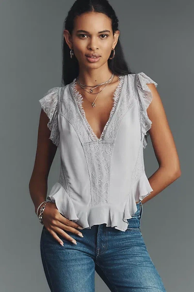 By Anthropologie Lace V-neck Blouse In Gray