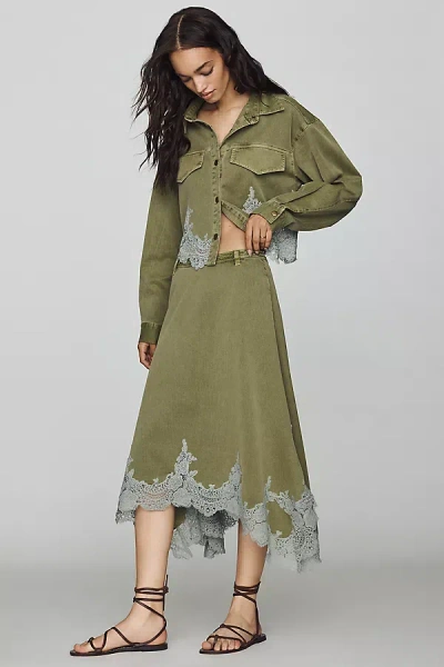 By Anthropologie Lace-trim Utility Midi Skirt In Green
