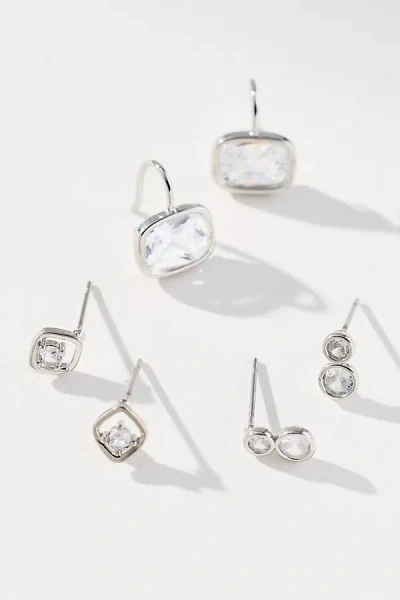 By Anthropologie Large Shaped Crystal Earrings, Set Of 3 In Silver