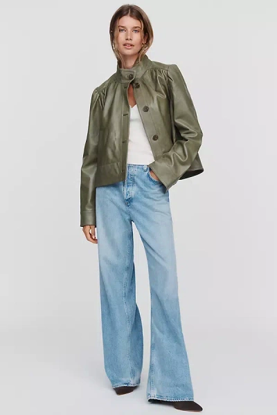 By Anthropologie Leather Swing Jacket In Green