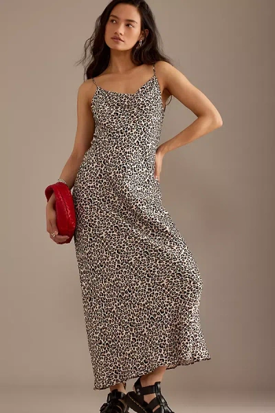 By Anthropologie Leopard Sleeveless Cowl-neck Maxi Slip Dress In Black