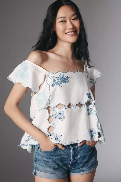 By Anthropologie Linen Blend Flutter-sleeve Embroidered Cutout Top In White