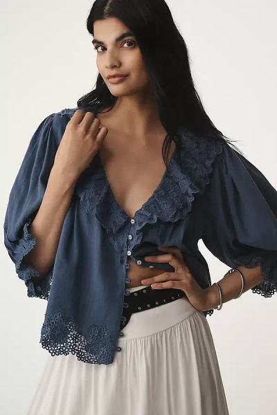 By Anthropologie Linen Blend Lace-collar Blouse In Blue