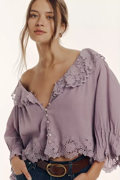 By Anthropologie Linen Blend Lace-collar Blouse In Purple
