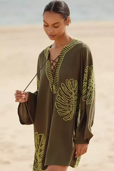 By Anthropologie Linen Blend Long-sleeve Palm Leaf Embellished Mini Kaftan