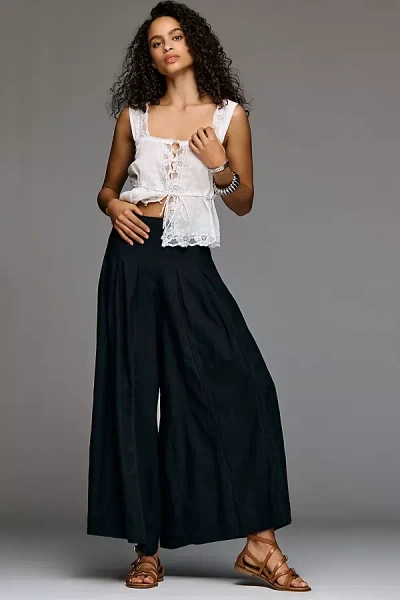 By Anthropologie Linen Blend Pleated Wide-leg Pants In Black