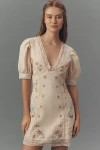 By Anthropologie Linen Blend Puff-sleeve V-neck Mini Dress