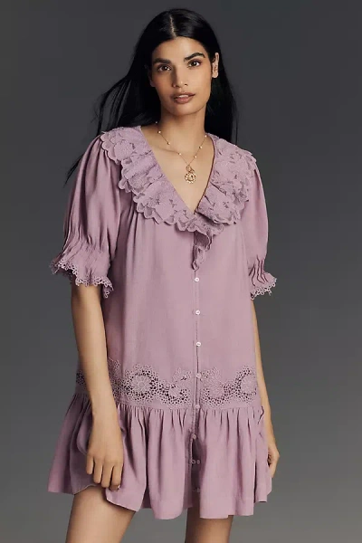 By Anthropologie Linen Blend Puff-sleeve V-neck Tunic Mini Dress In Purple