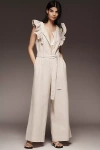 By Anthropologie Linen Blend Ruffle Jumpsuit In Beige