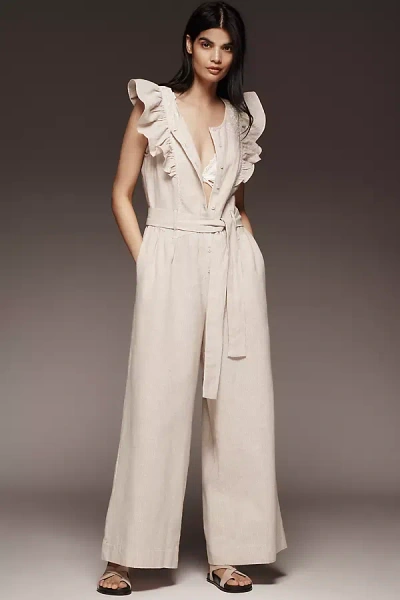By Anthropologie Linen Blend Ruffle Jumpsuit In Beige