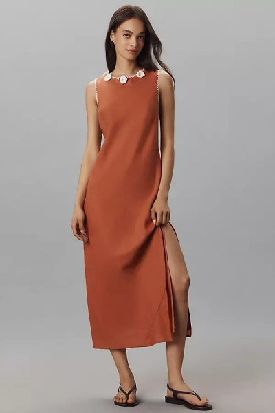 By Anthropologie Linen Blend Sleeveless Crochet-trim Midi Dress