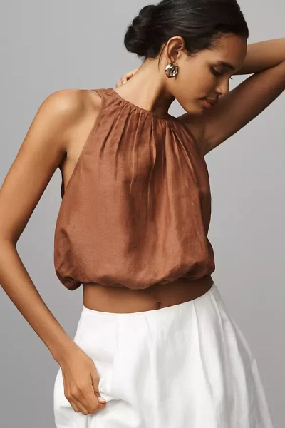 By Anthropologie Linen Bubble Crop Top In Brown