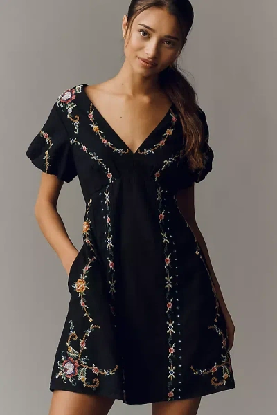 By Anthropologie Linen Cotton Cutwork Mini Dress In Black