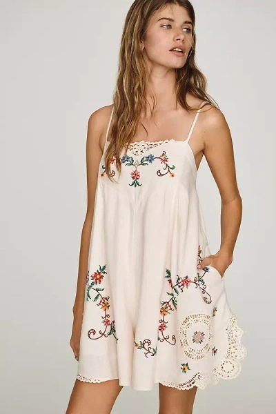 By Anthropologie Linen Cotton Embroidered Romper In White