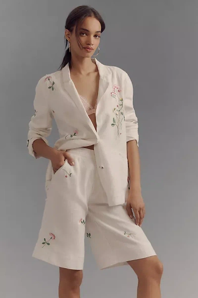 By Anthropologie Linen Embroidered Relaxed Bermuda Shorts In White