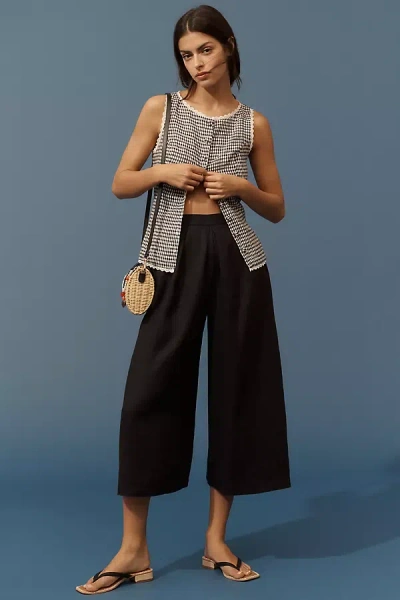 By Anthropologie Linen Pleated Culotte Trousers Pants In Black
