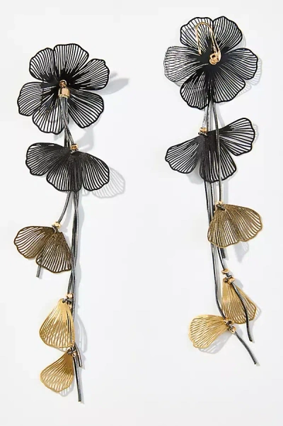 By Anthropologie Long Flower Drop Earrings In Black