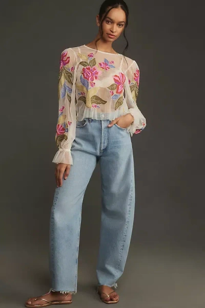 By Anthropologie The Layla Long-sleeve Appliqué Mesh Blouse In White