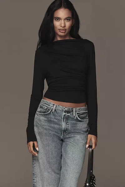 By Anthropologie Long-sleeve Asymmetric Ruched Top In Black