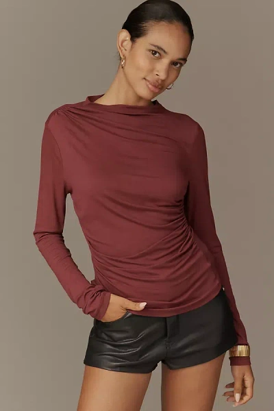 By Anthropologie Long-sleeve Asymmetric Ruched Top In Brown