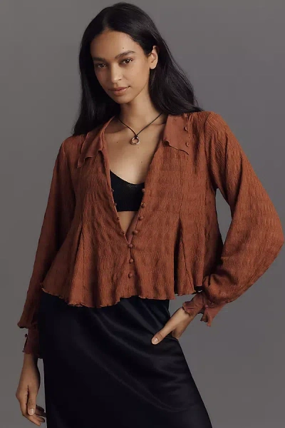 By Anthropologie Long-sleeve Tie-front Textured Blouse In Brown