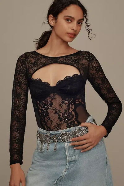 By Anthropologie Long-sleeve Cutout Lace Bodysuit In Black