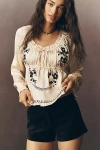 By Anthropologie Long Sleeve Embroidered Blouse In White