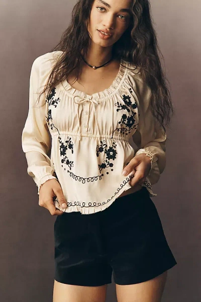 By Anthropologie Long Sleeve Embroidered Blouse In White