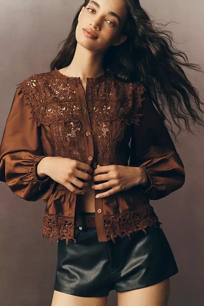 By Anthropologie Long-sleeve Eyelet Blouse In Brown