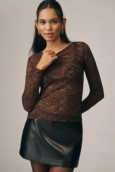 By Anthropologie Long-sleeve Lace Crew-neck Top In Brown