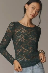 By Anthropologie Long-sleeve Lace Crew-neck Top In Green