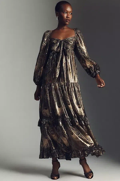 By Anthropologie Long-sleeve Metallic Babydoll Midi Dress In Black