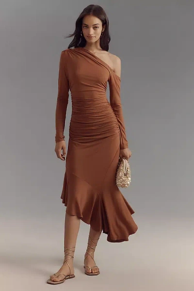 By Anthropologie Long-sleeve Off-the-shoulder Asymmetrical Slim Midi Dress In Brown