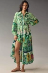 By Anthropologie Long-sleeve Printed Maxi Shirt Dress In Mint