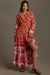 By Anthropologie Long-sleeve Printed Maxi Shirt Dress In Multicolor