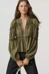 By Anthropologie Long-sleeve Puffy Zip-front Blouse In Green