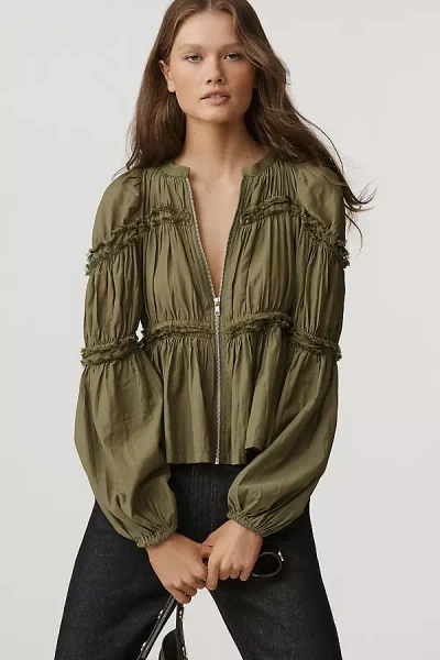 By Anthropologie Long-sleeve Puffy Zip-front Blouse In Green