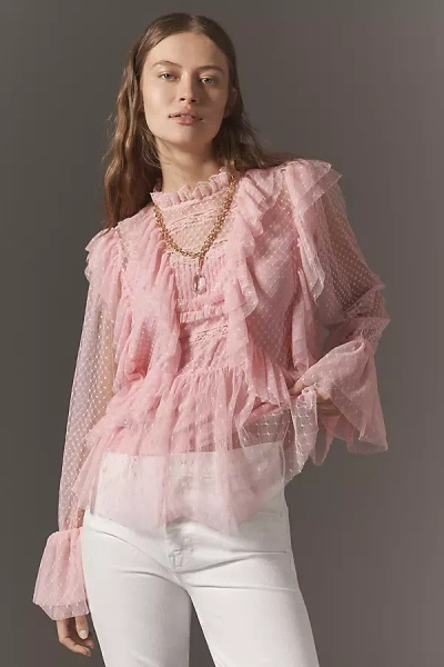 By Anthropologie Long-sleeve Ruffle Sheer Blouse In Pink