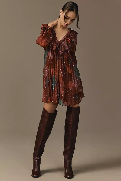 By Anthropologie Long-sleeve Ruffle Swing Mini Dress In Multicolor