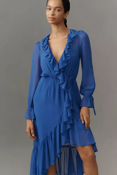 By Anthropologie Long-sleeve Ruffled Asymmetric Midi Dress In Blue