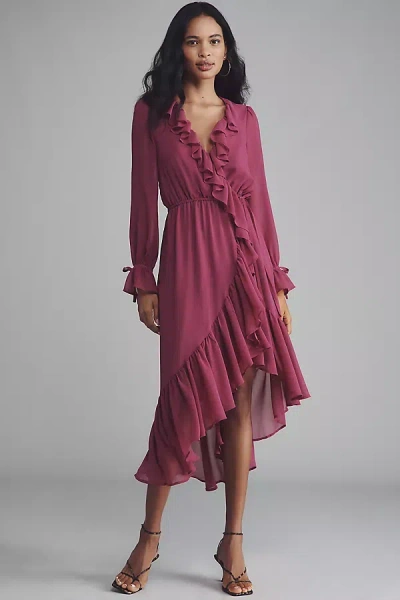 By Anthropologie Long-sleeve Ruffled Asymmetric Midi Dress In Pink