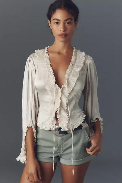 By Anthropologie Long-sleeve Ruffled Tie-front Top In Beige