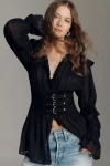 By Anthropologie Long-sleeve Sheer Corset Blouse In Black